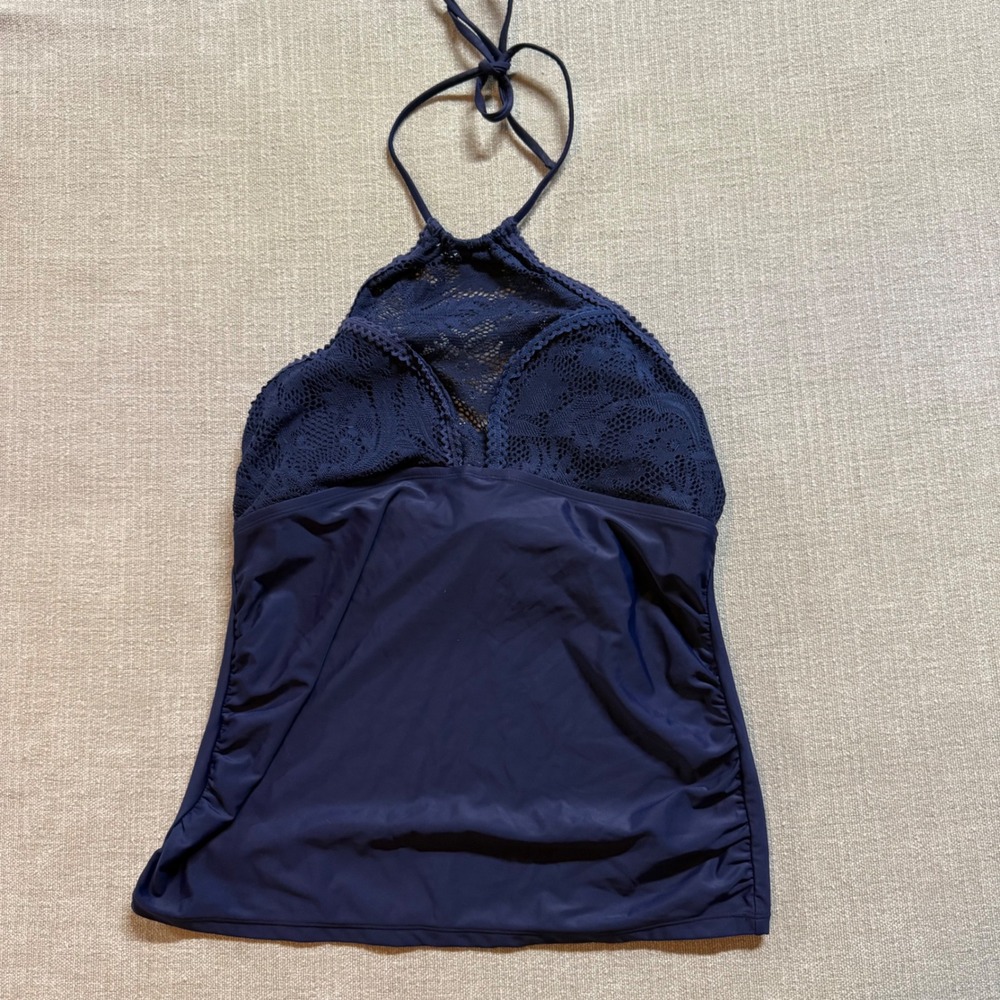 Coastal Blue Tankini Top Size Large Navy Blue Crochet Lace‎ Halter Neck Swimwear